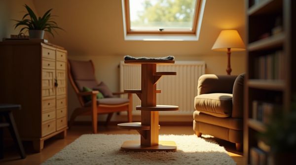 Bois flotté et rotin : installer un arbre à chat dans un petit salon