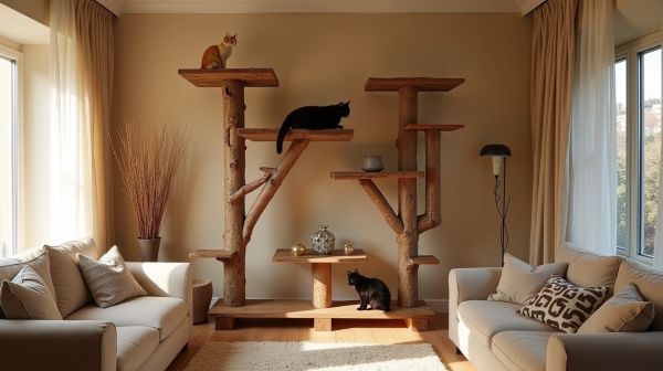 Bois flotté et rotin : installer un arbre à chat dans un petit salon